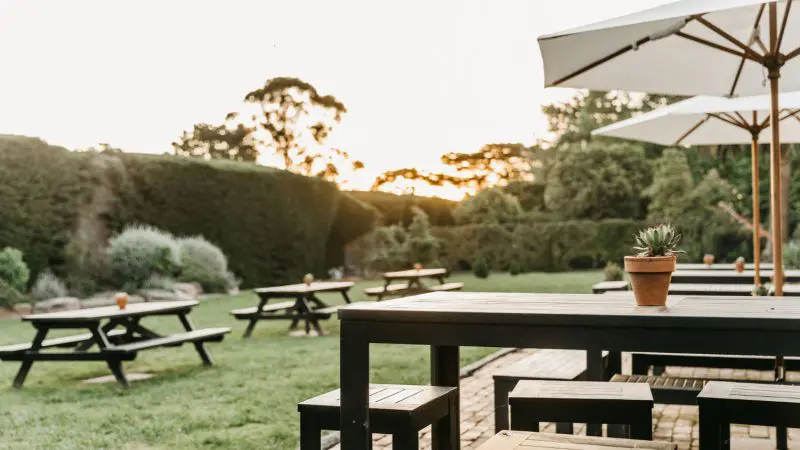 Scenic sunset garden with wooden picnic tables set for gourmet wine and gin tastings, lush grass, and potted plants on each table.