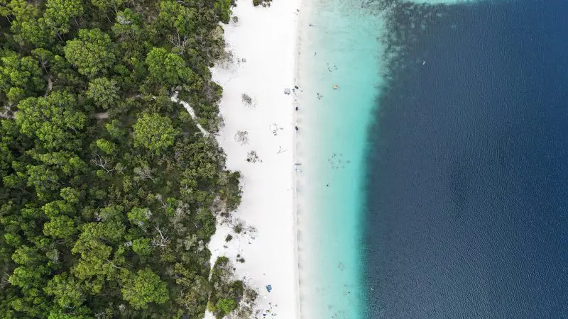Stunning aerial view of Fraser Island during a K'gari Safari Tour 4WD camping adventure, departing Noosa or Rainbow Beach.
