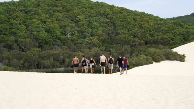 Adventure seekers trekking pristine white sand dunes on a K'gari Safari Fraser Island 4WD Camping Tag Along Tour, Australia.