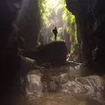 Hiker stands on a rock in Twister and Rocky Creek Canyons, lush ferns and sunlit, crystal-clear water flowing around them.