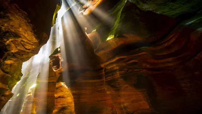 Golden sunbeams shine through Twister and Rocky Creek Canyons, highlighting vibrant red rock walls and lush green moss accents.