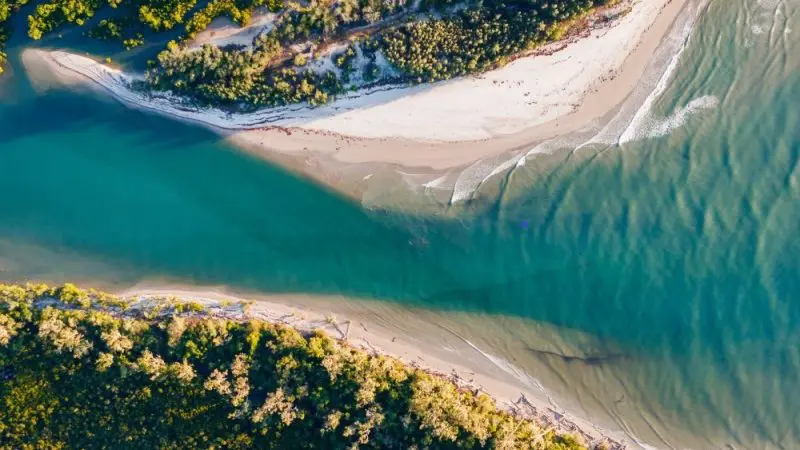 Stunning aerial view of Cape Tribulation where lush river merges with turquoise sea—highlight of Daintree Mossman Gorge Day Tour.