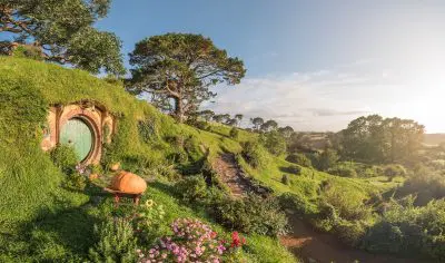 Picturesque round Hobbiton door nestled in a lush, flower-filled hillside with vibrant greenery beneath a clear, sunny sky.