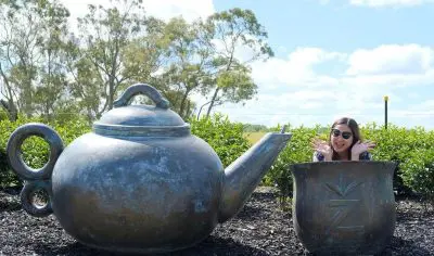 A woman poses in a giant teacup sculpture next to a large teapot at Zealong Tea Estate on a bright, sunny day in New Zealand.