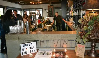 Vibrant Matakana bar scene with lively patrons chatting, barman serving drinks, and prominent “World Gin Day 9 June” signage by local art.