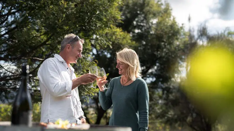 Joyful couple toasting wine glasses on the Tasman Safaris Port Arthur Harbour Cruise and Lunch Private Day Tour, outdoor setting.