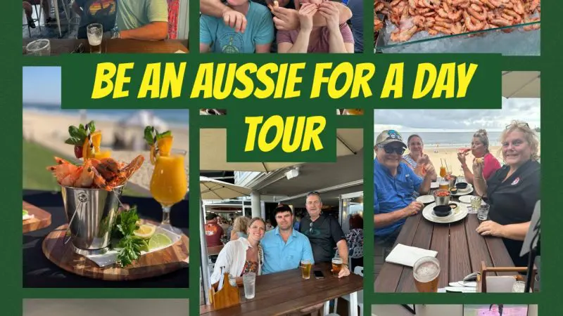 Vibrant collage showing happy people enjoying prawn dishes and group smiles on the G'day Be An Aussie For A Day Tour outdoors.