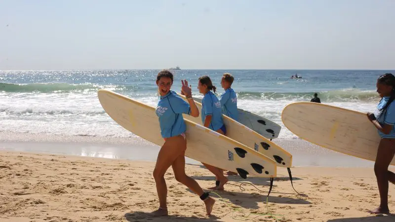Group of four surfers in blue shirts with surfboards on a sunny Sydney to Brisbane trip; one smiles and waves at the camera.