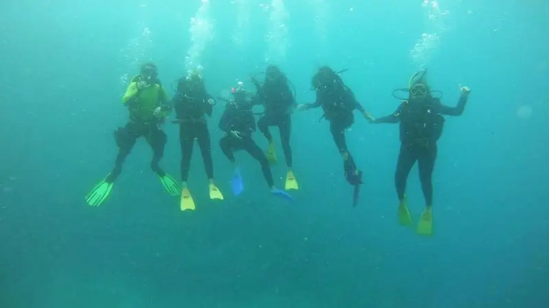 Six scuba divers holding hands underwater during a Summer Jo Day Charter, surrounded by crystal-clear blue water and swirling bubbles.