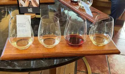 Elegant wooden tray showcasing four wine glasses on a black table, ideal for Queenstown wine tours and gourmet tasting experiences.