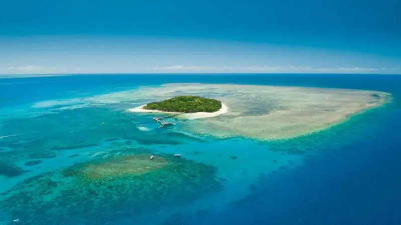Discover a stunning, lush island near Cairns City Sights, encircled by turquoise waters and vibrant coral reefs beneath a sunny blue sky.