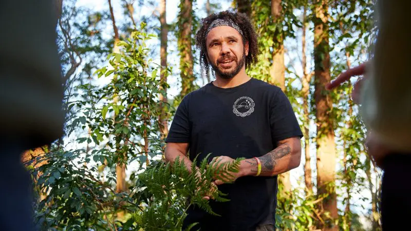 Smiling man in black shirt surrounded by lush green plants on the 16 Day Best Of East Coast Australia Comfort Tour, enjoying nature.