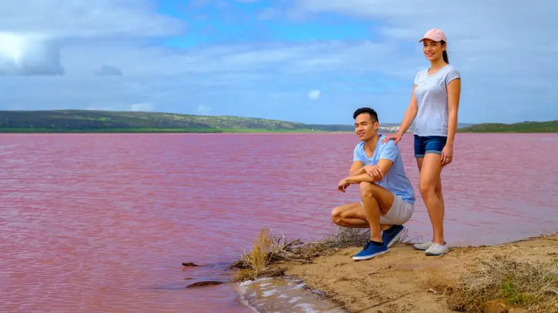 Travellers stand beside the vibrant pink lake, a highlight of the 8 Day Perth to Exmouth Comfort Tour’s breathtaking coastal wonders.