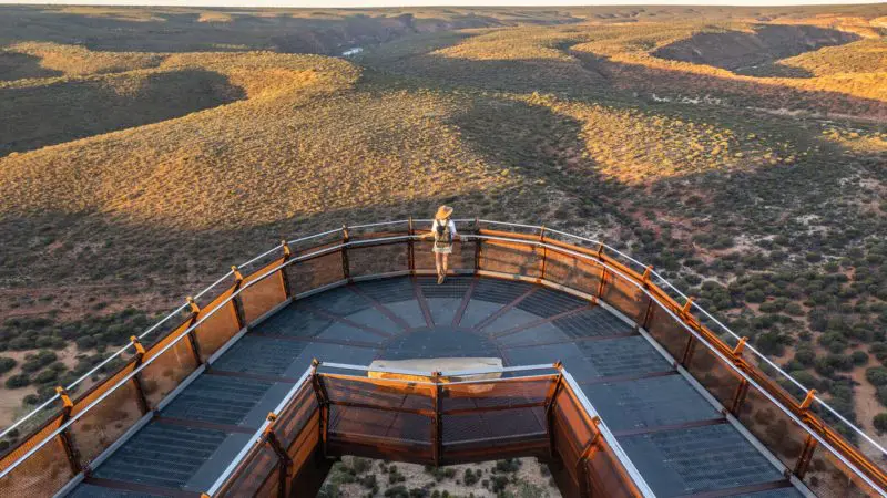 Traveller stands on scenic lookout platform, taking in breathtaking coastline views during 8 Day Perth to Exmouth Comfort Tour, Australia.