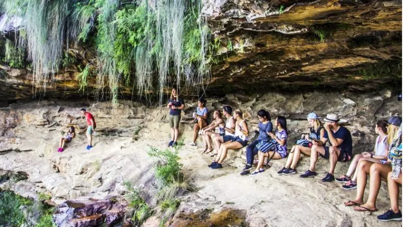 Adventurers on a rocky ledge take in lush Blue Mountains views as two climbers ascend nearby during a 1 Day Sunset Wilderness Tour.