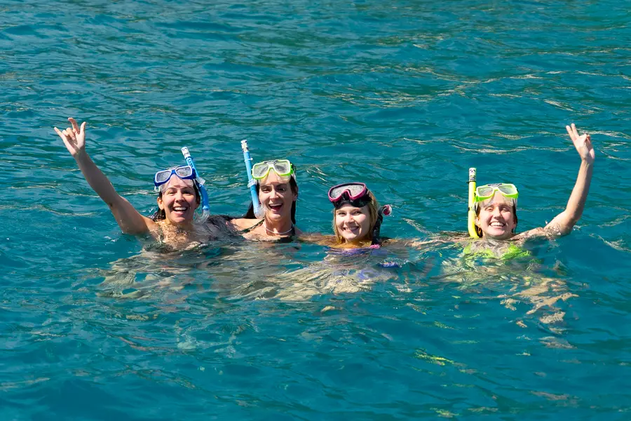 four people in the water in the whitsundays snorkelling