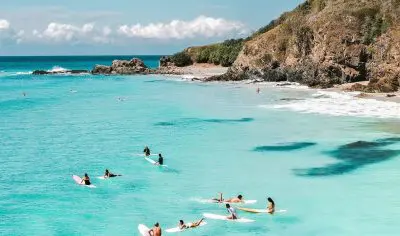 a group of surfers sitting on boards in the ocean with a headland in the background