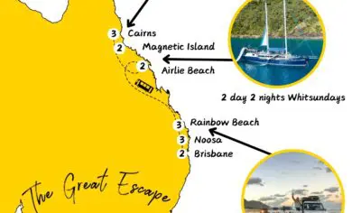 A map of the 21 day itinerary for the Great Escape from Brisbane to Cairns