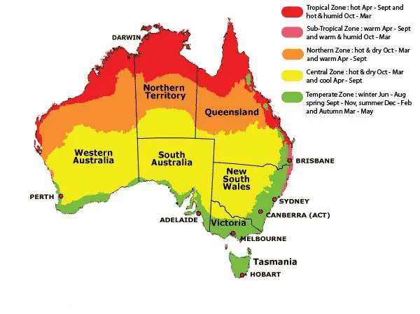 Map of Australia with highlighted weather patterns showing what the weather is like at different times of the year.