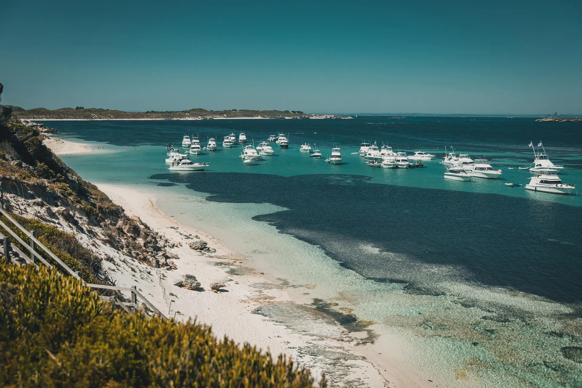 coastal beach with blue water and white sailboats in the daytime. the coastline has white sand and green bush shrubbing up a hill