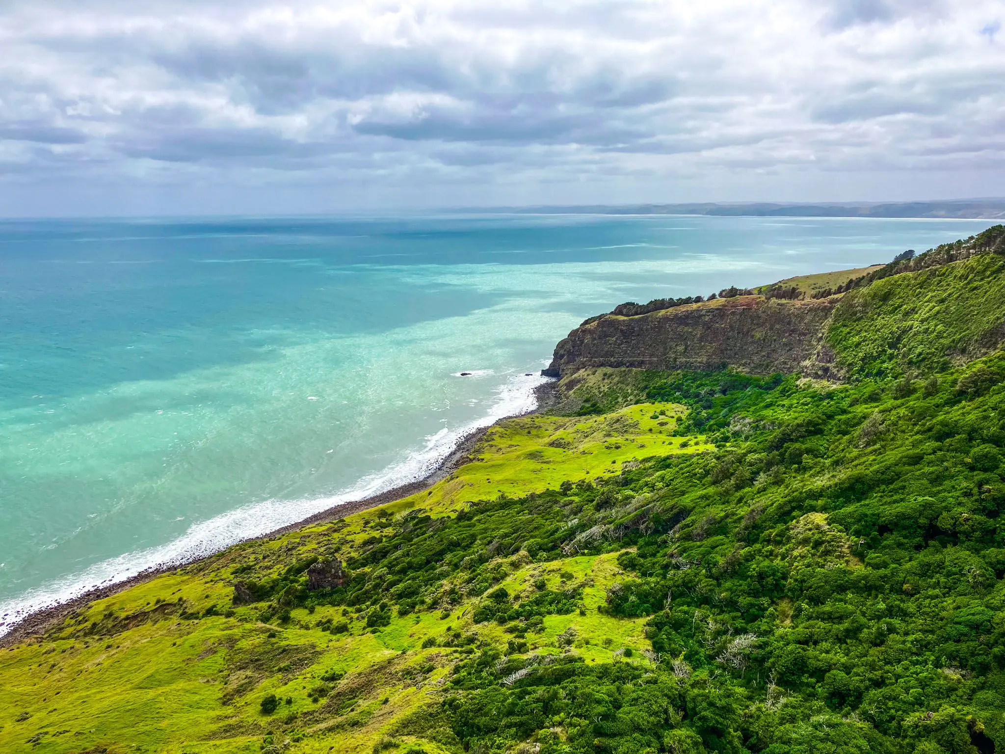 Coastline with bright green hills leading to blue water