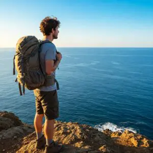 Image of male traveller on the top of a cliff by the Ocean carrying a small backpack