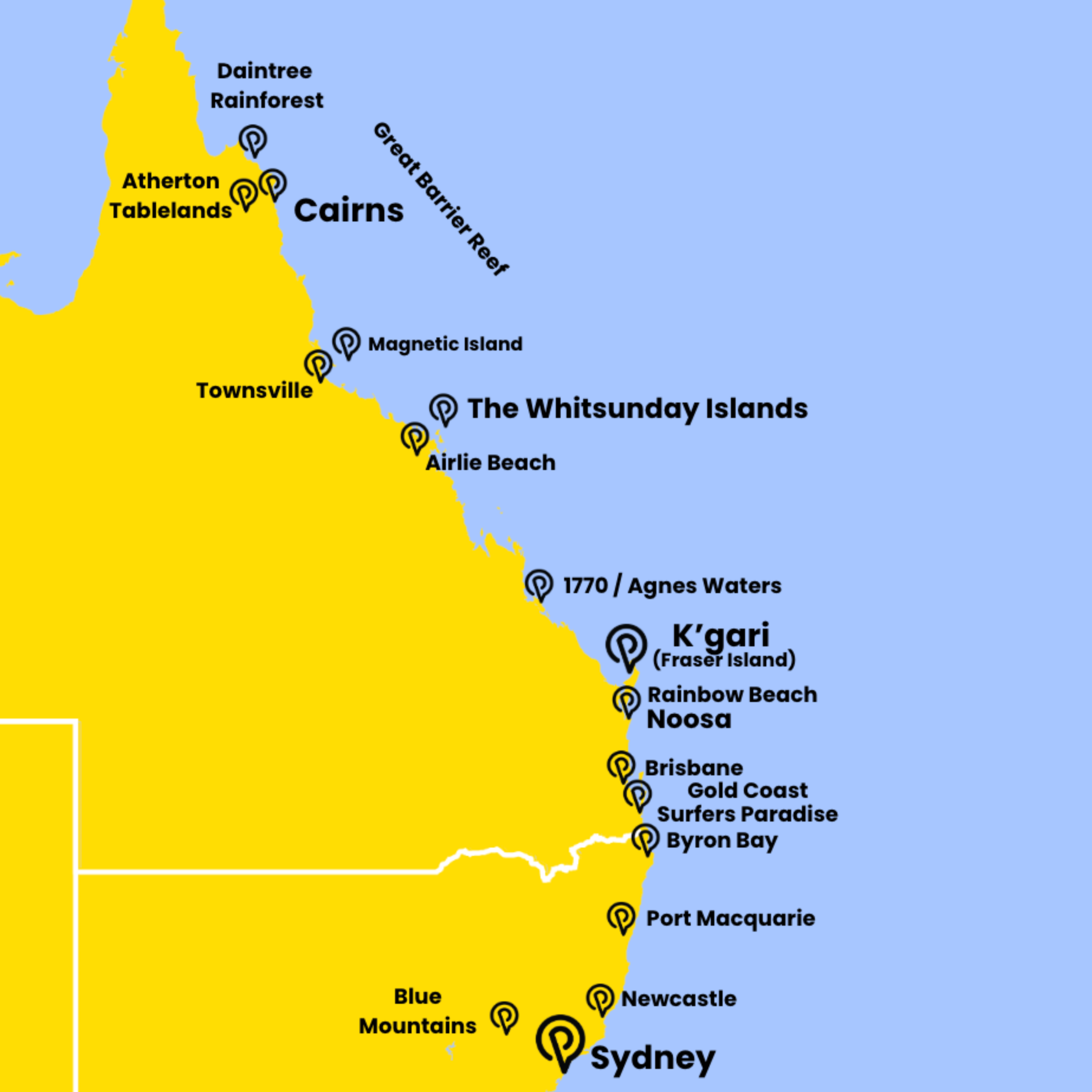 a map of Australia's East Coast showing the main tourist backpacker highlights