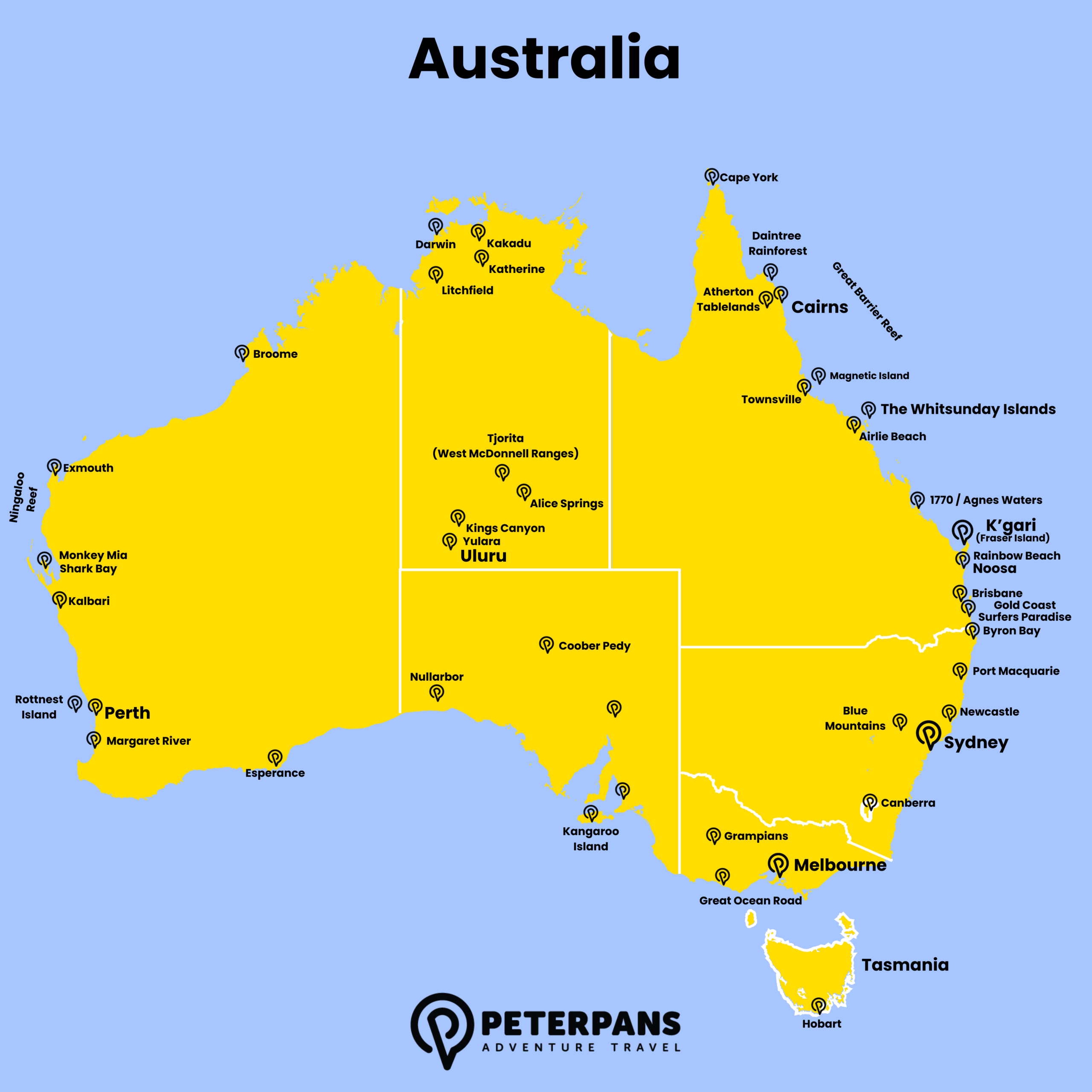 A map of Australia showing all of the main tourist attractions