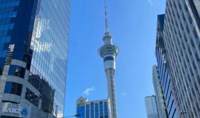 The skytower in Auckland's CBD, shot from the middle of the city.