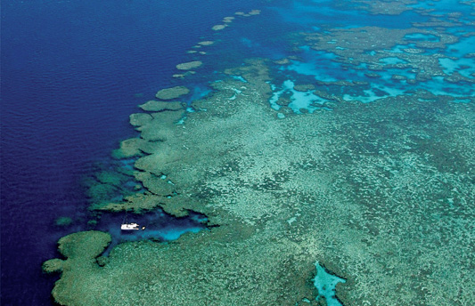 Aerial shot of Kiana Whitsunday Sailing boat on a 3 Day 2 Night tour by colourful coral reefs in crystal-clear blue ocean waters.