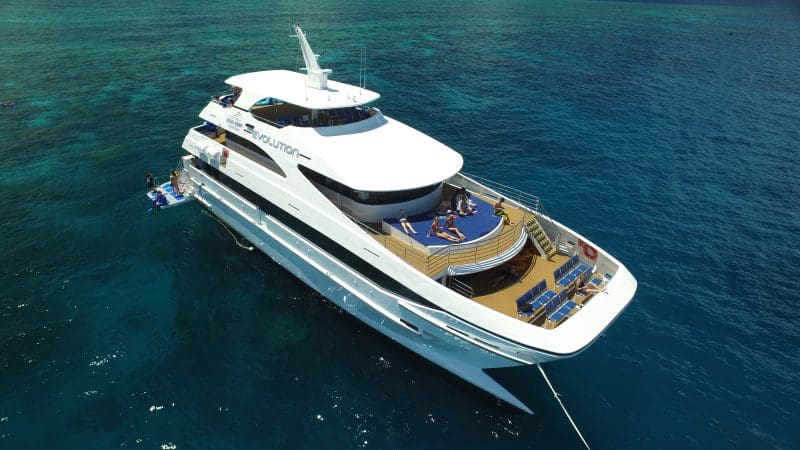 Luxurious white yacht with guests enjoying the deck on a 2-Day Reef Cruise Evolution & Kuranda Train Skyrail adventure package.