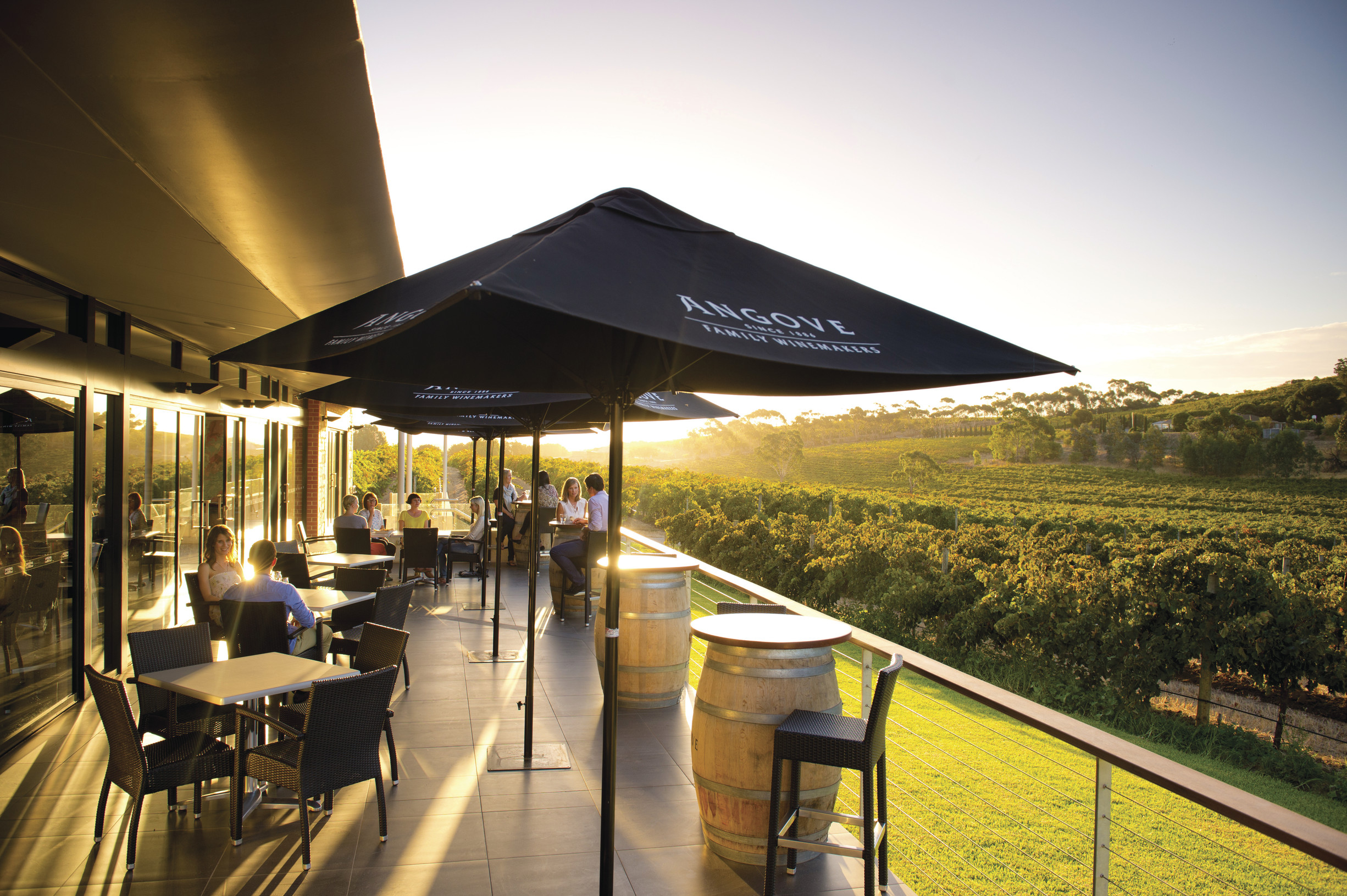 Guests enjoy al fresco dining under parasols at sunset, with vineyard views on the McLaren Vale North Hop-On Hop-Off Wine Tour.