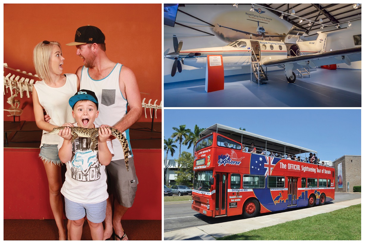Vibrant collage of Croc N History Explorer: family holding a snake, aeroplane museum display, iconic red double-decker sightseeing bus.