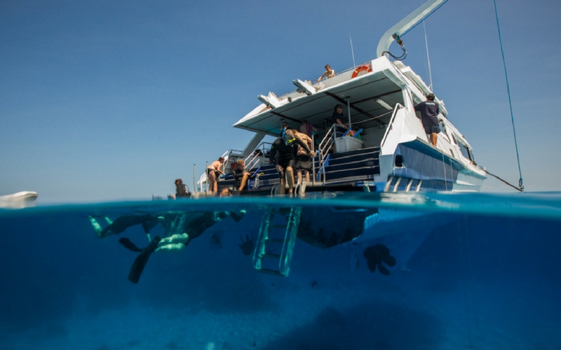 Snorkellers explore crystal-clear blue waters by a boat as others begin their Budget PADI Open Water Course from the rear deck.