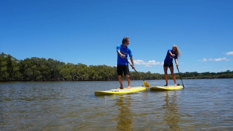 Explore a Private Byron Bay 2-Hour Stand Up Paddle Board Nature Tour with two people on tranquil water beneath a sunny blue sky.