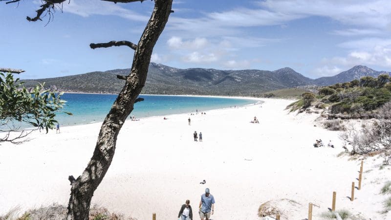 Travellers walk along pristine white sands beside crystal-clear blue waters at Wineglass Bay, with Richmond hills and lush trees nearby.