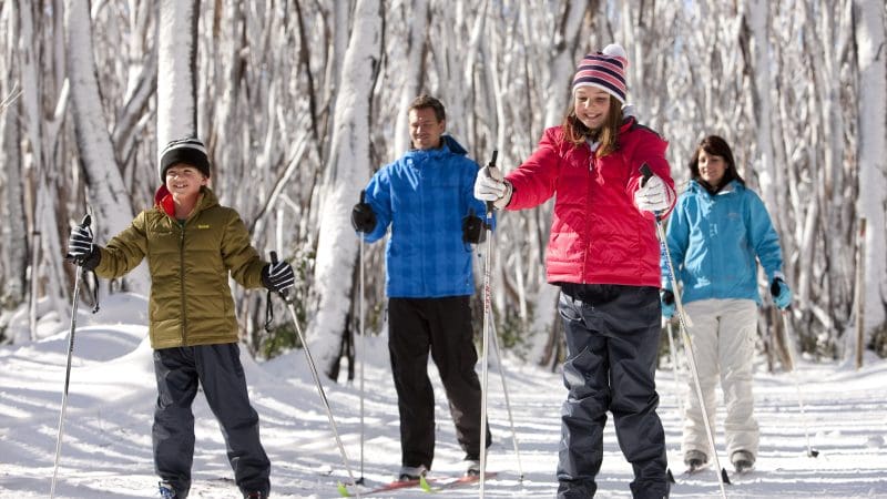 Four adventurers cross-country skiing on a pristine snowy trail during a Lake Mountain Snow Waterfalls Day Tour from Melbourne.
