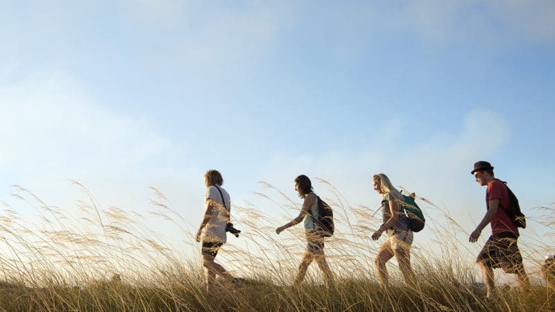Adventurers with rucksacks trek through lush tall grass on a 1 Day Kakadu Wilderness Escape tour at Fogg Dam Wetlands, Australia.