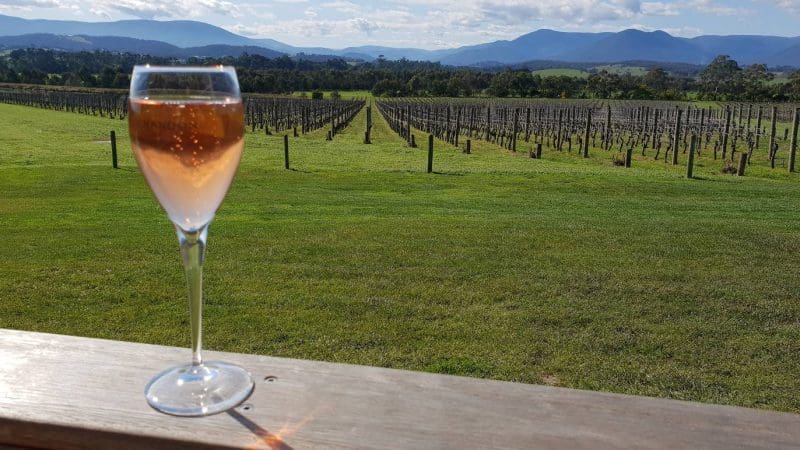 A glass of rosé rests on a railing, showcasing stunning Yarra Valley vineyard views during a relaxed winery tour under soft clouds.