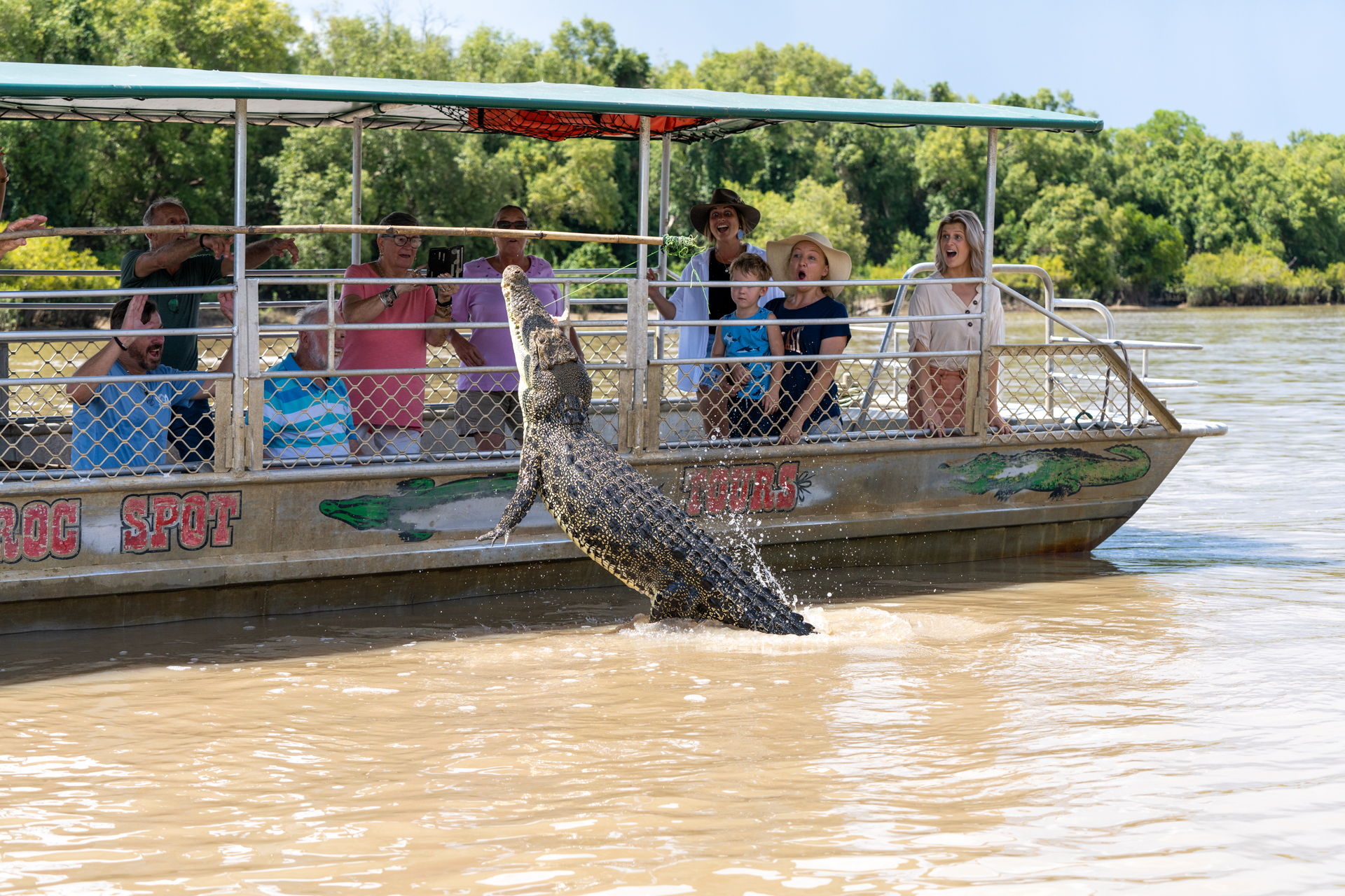 Powerful crocodile leaps from river beside captivated tourists’ boat on top-rated Half Day Jumping Crocodile Tour from Darwin.