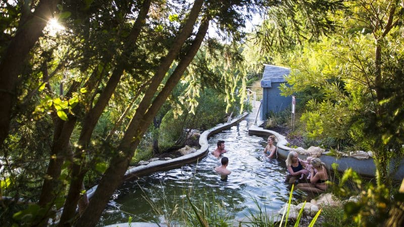 Guests unwind and swim in a natural hot spring pool, immersed in lush scenery after arriving via Peninsula Hot Springs Spa Shuttle Coach.