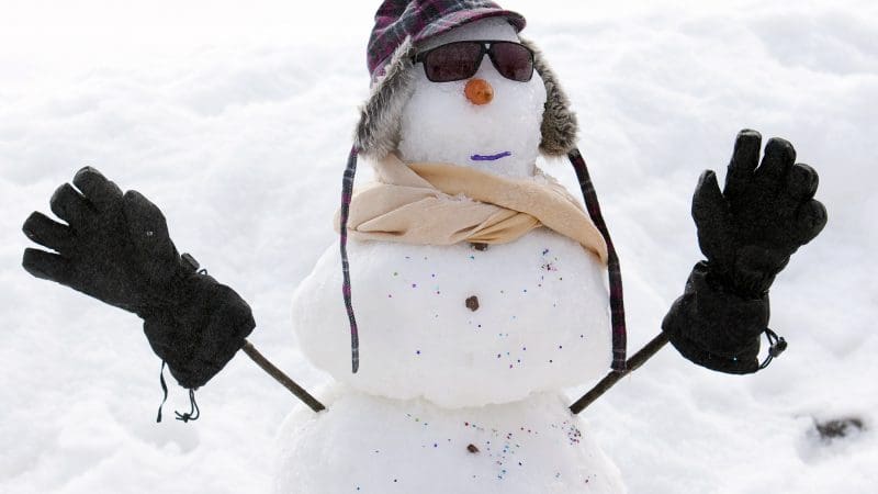 Cheerful snowman with sunglasses, checked hat, and scarf welcomes you to the 1 Day Lake Mountain Snow Waterfalls Tour from Melbourne.
