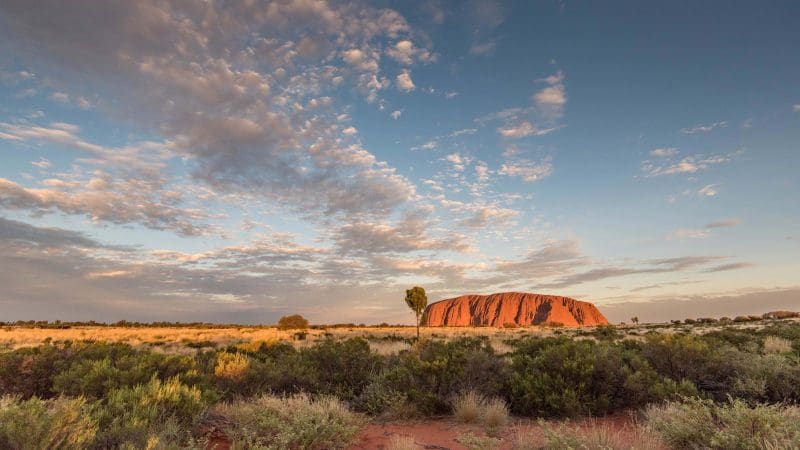 Experience the iconic Uluru glowing at sunset above sweeping grassy plains on a 3-night Uluru tour from Alice Springs to Yulara.