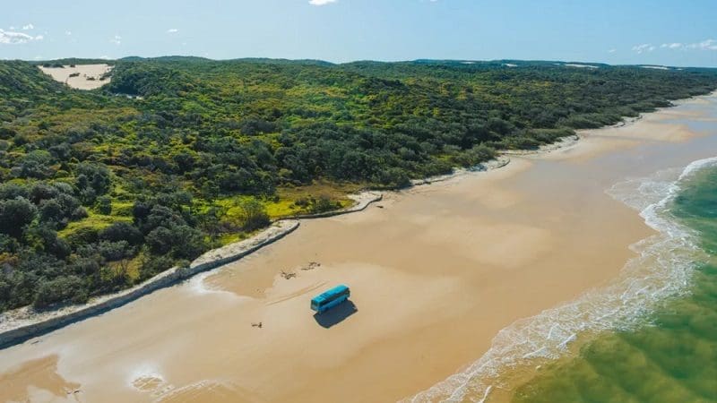 Blue van parked on sandy beach beside lush green forest during K'gari 2 Day Tour Ex Hervey Bay, ocean waves rolling ashore.