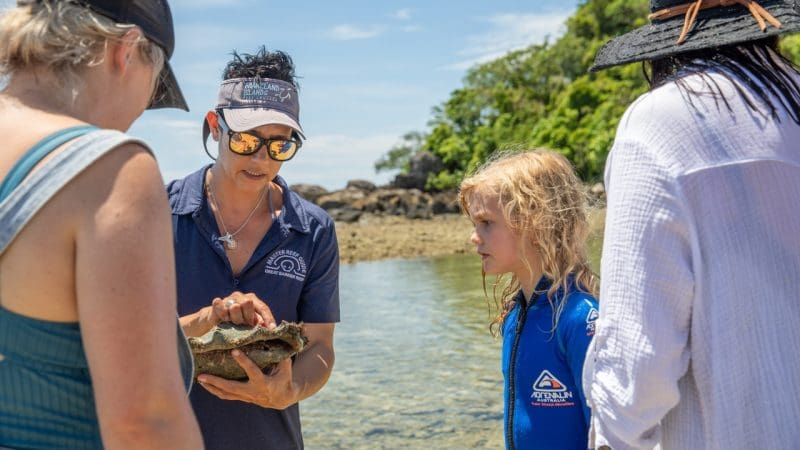 Frankland Island Express Tour guide displays a unique shell to an engaged group by the water, featuring a child in a wetsuit.