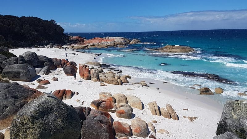 Stunning rocky beach with pristine white sand and vibrant turquoise water on the 4 Day Wild Tasmania Wilderness Loop tour experience.