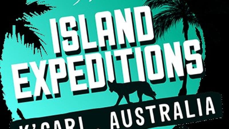 Island Expeditions Kgari Australia logo with dingo, palm tree, and bird on teal; Fraser Island 4WD tours departing from Noosa.