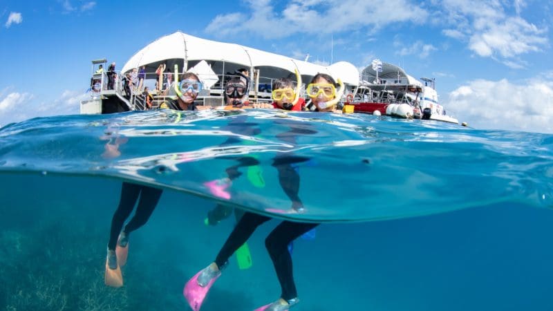 Three snorkellers with vibrant fins swim beside a white boat at the Great Barrier Reef Activity Platform in crystal-clear blue waters.