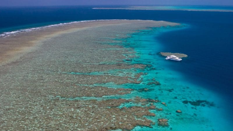 Stunning aerial shot of a luxury yacht anchored by vibrant coral reefs in crystal-clear blue waters, perfect for Silversonic Dive Snorkel.