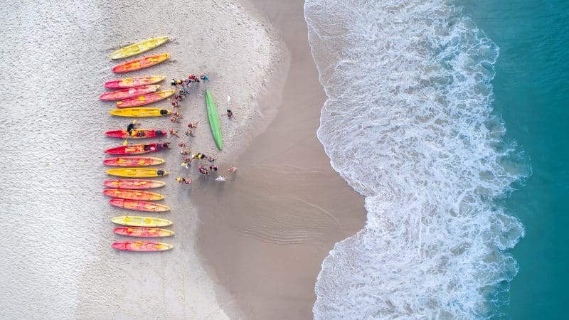 Aerial view of guided ocean kayaking tour, kayaks lined on sandy beach, group prepares for dolphin kayaking adventure, crystal blue water.